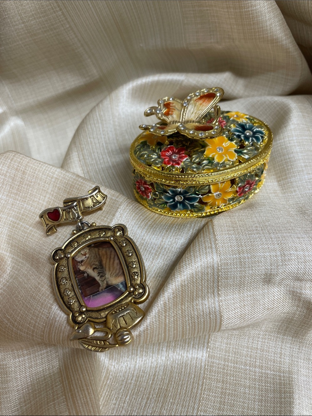 Gold-Tone Floral Butterfly Trinket  Box & Brooch — Yellow, Red & Blue Enamel